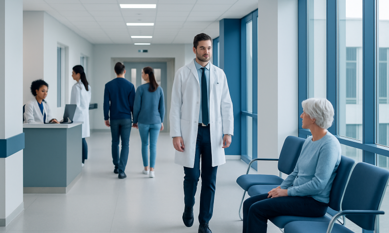 Doctor consulting with elderly patient in hospital corridor.