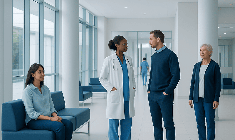 Medical professionals and patient in a hospital lobby with large windows.
