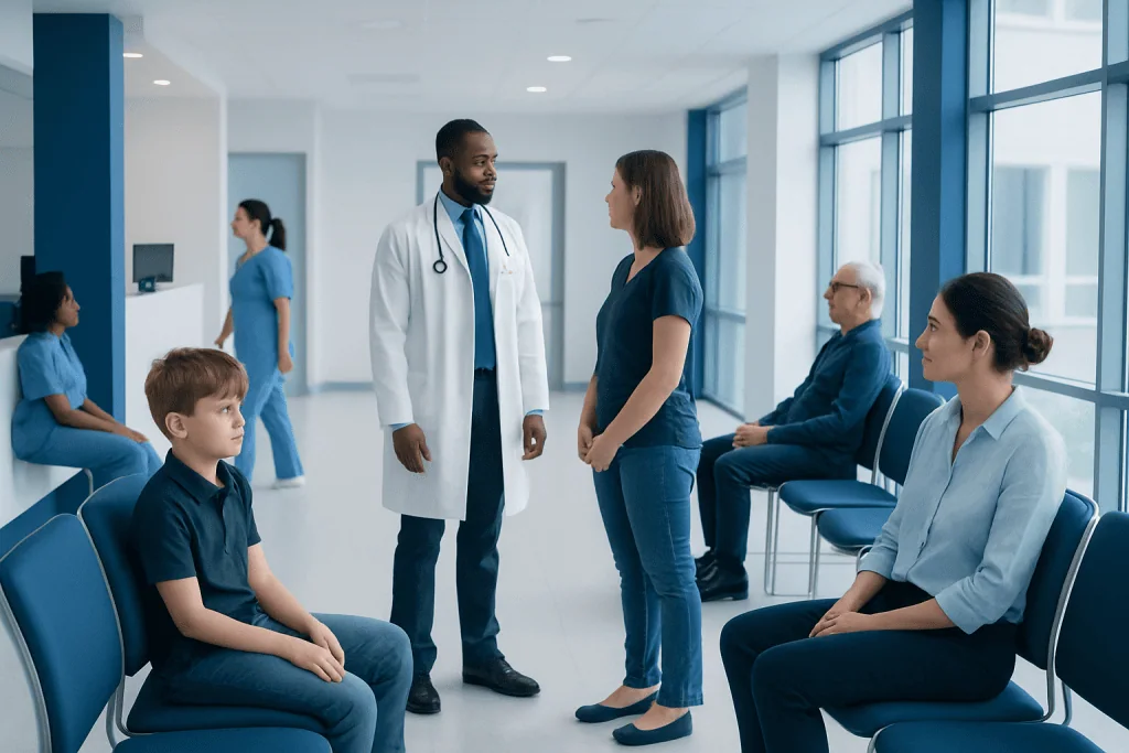 Attention Disorder Hyperactivity: Diagnosis, Outlook, and Modern Treatment Approaches 1 Doctor consulting with a young patient and family in a hospital corridor.