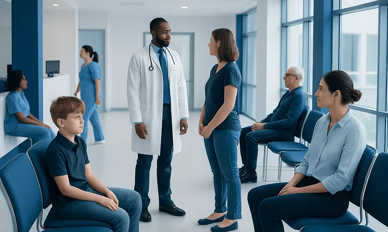 Doctor consulting with a young patient and family in a hospital corridor.