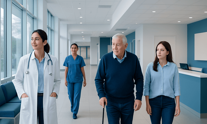 Senior man walking with healthcare professionals in hospital corridor.