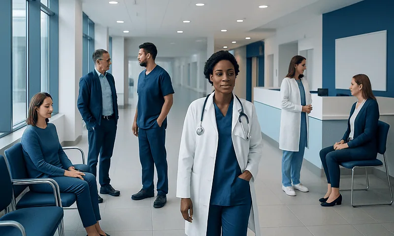 Healthcare professionals and patients in a modern hospital corridor.