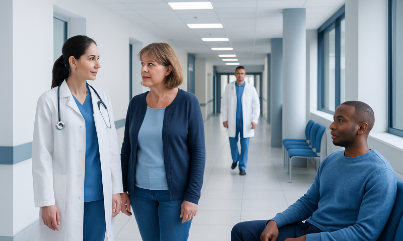 Medical consultation in hospital corridor with doctor and patient.