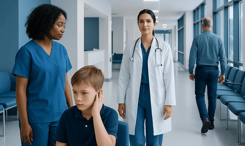 Medical professionals and a young patient in a hospital corridor.