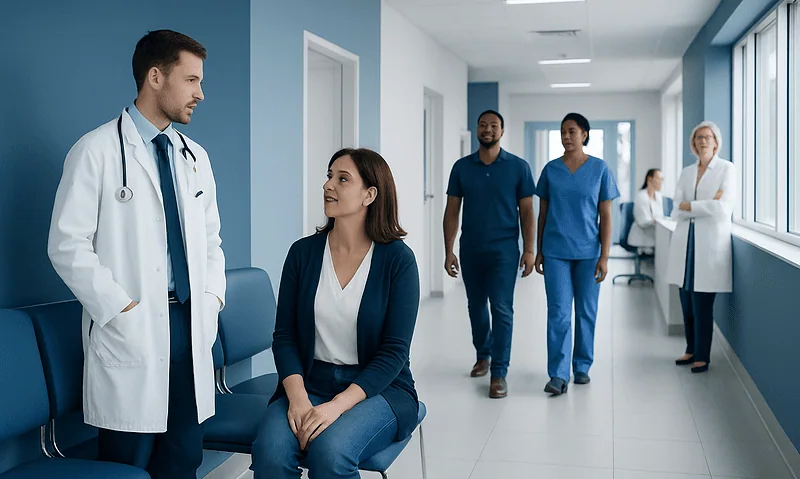 Medical team discussing patient care in hospital corridor.