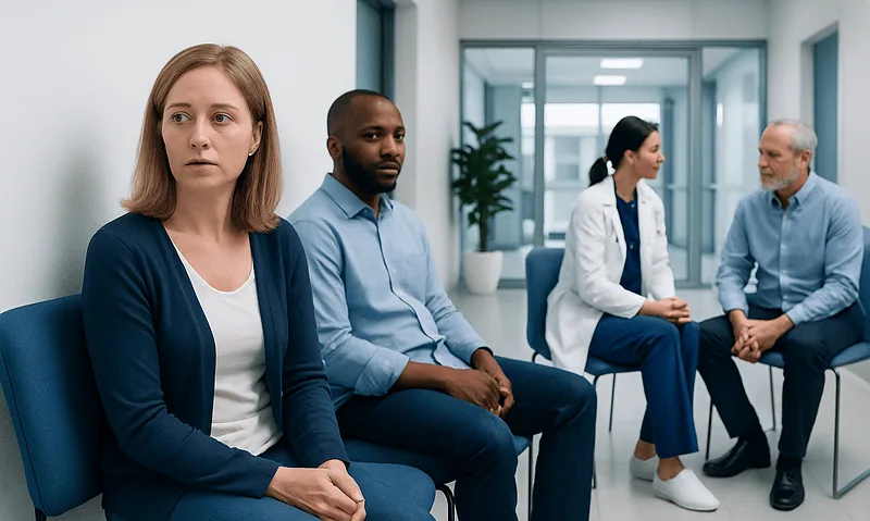 Patients waiting in a hospital corridor for medical consultation.