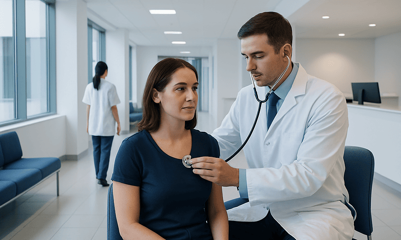 Doctor using stethoscope to examine female patient in hospital corridor.