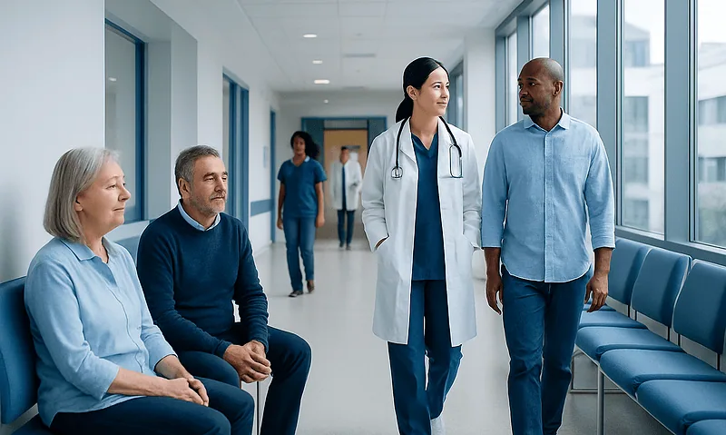 Healthcare professionals and patients in a modern hospital corridor.