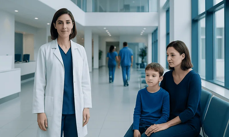 Doctor with mother and child in hospital corridor.