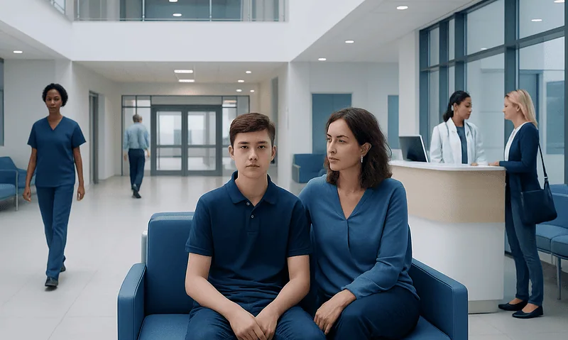 Hospital waiting area with patients and staff in a modern medical facility.