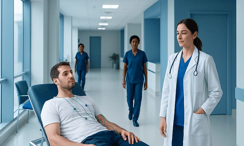 Patient undergoing autonomic testing in a hospital corridor.