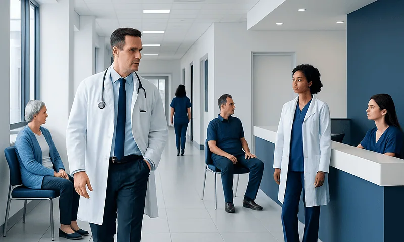 Doctors and patients in a modern hospital corridor.