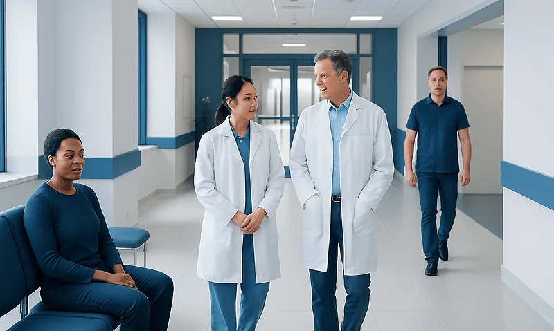Medical team discussing patient care in hospital corridor.