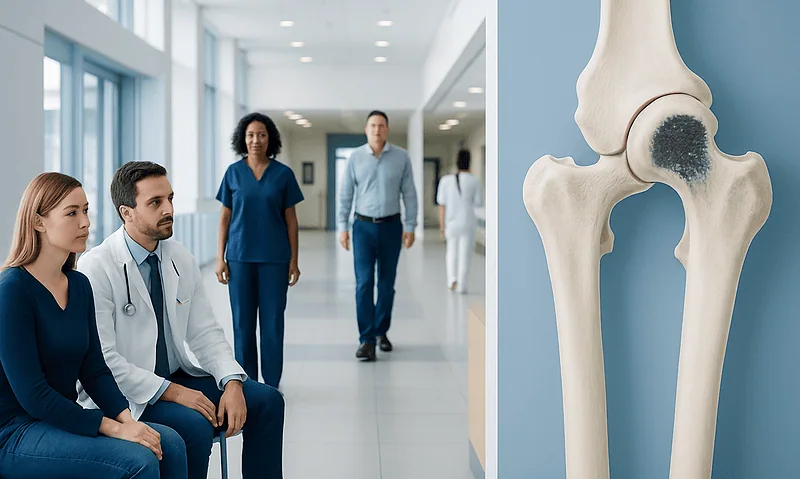 Medical team waiting in hospital corridor with a knee joint model nearby.