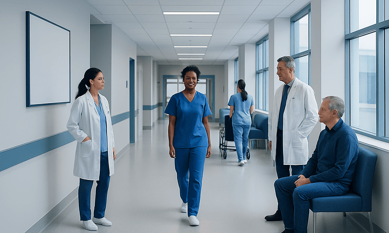 Healthcare professionals and patient in hospital corridor at Acibadem Hospitals Group.