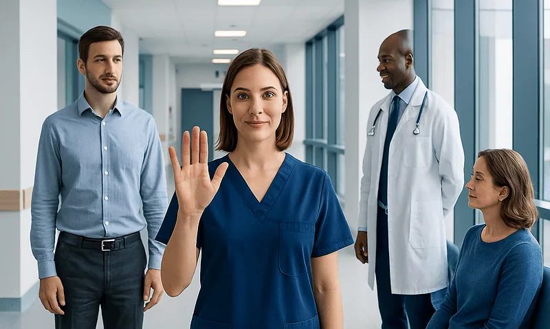 Healthcare professionals in a hospital corridor, woman in scrubs raising her hand.