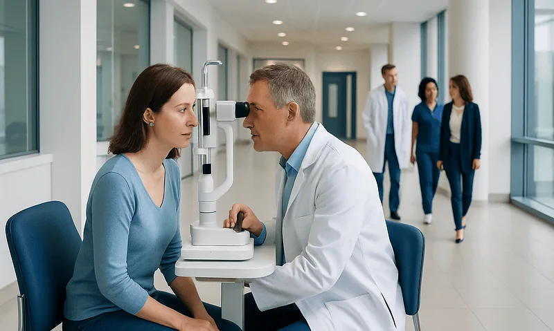 Optometrist examines patient's eye with slit lamp in clinic setting.