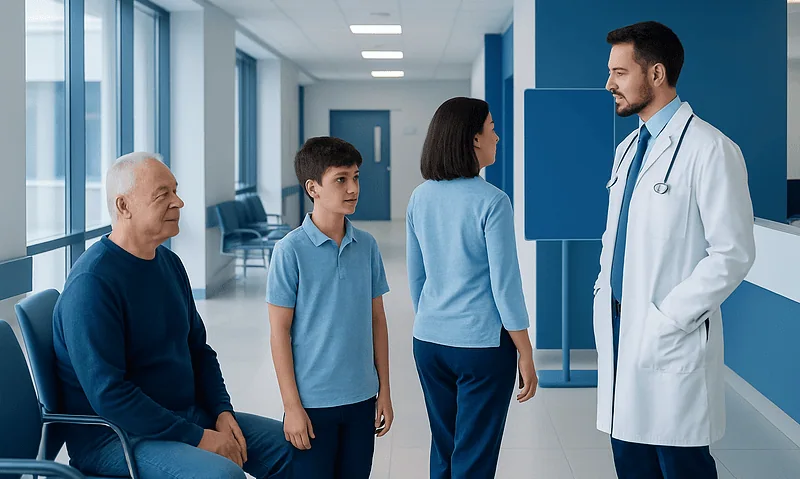 Doctor consulting with elderly patient and family in hospital corridor.