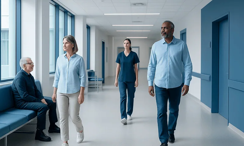 Healthcare professionals walking in hospital corridor with patient sitting nearby.