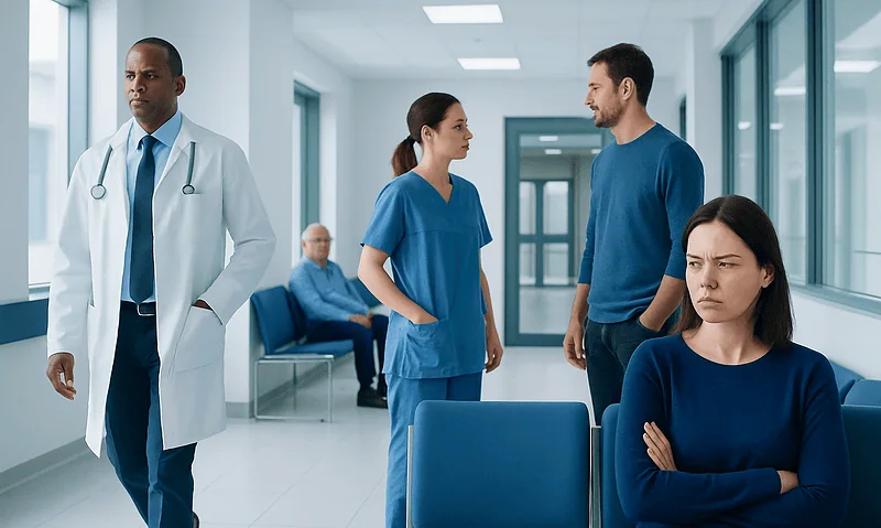Patients and healthcare professionals in a hospital corridor.
