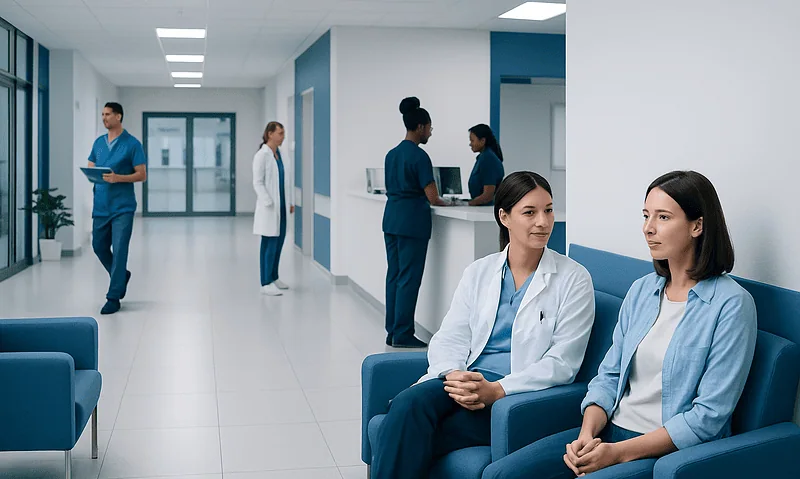 Modern hospital corridor with healthcare professionals and patients.