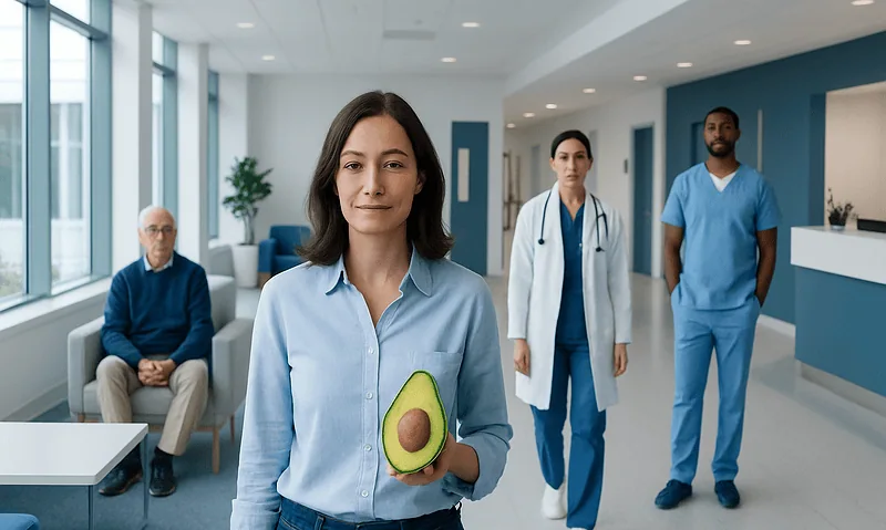 Woman holding an avocado in a medical setting with healthcare professionals in the background.