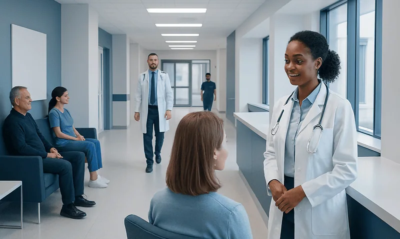 Healthcare professionals and patients in a modern hospital corridor.