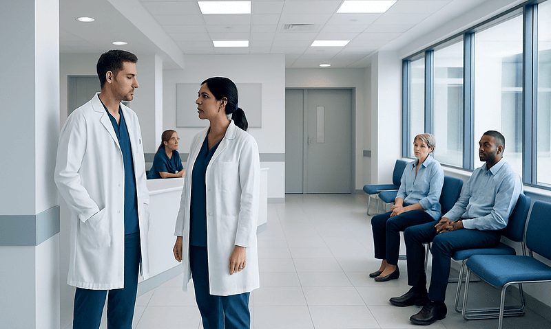 Doctors discussing patient care in a modern hospital corridor.