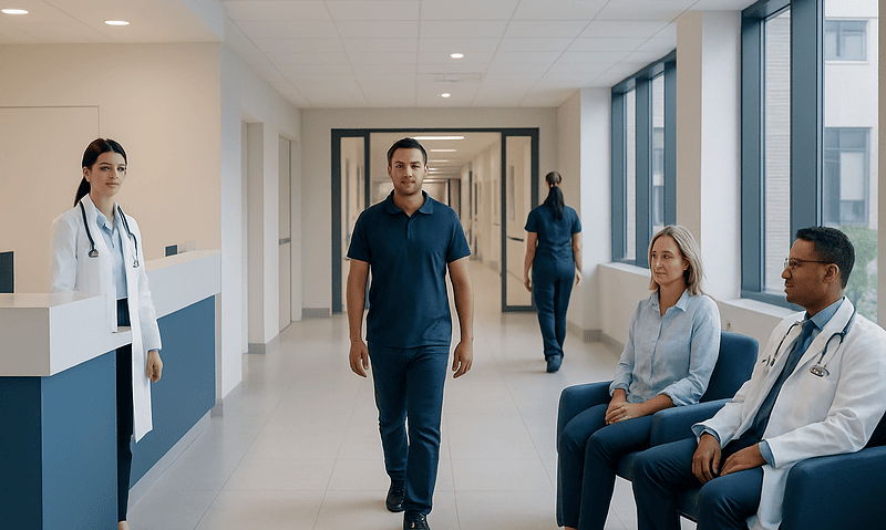 Healthcare professionals and patients in a modern hospital corridor.