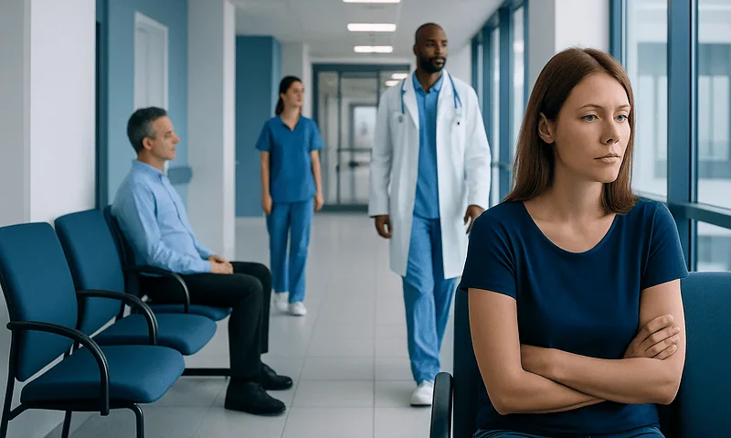 Avoidant Attachment Style — Explained by Medical Evidence, Not Myths 12 Young woman waiting in a hospital corridor with medical staff nearby.