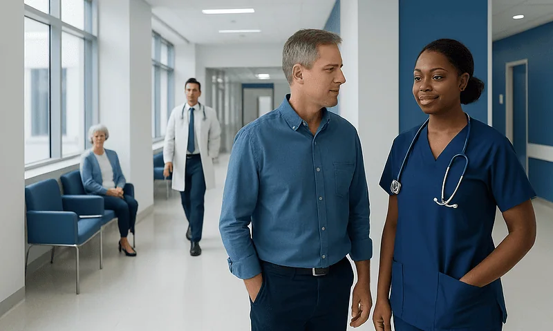 Healthcare professionals and patient in hospital corridor at Acibadem Hospitals.