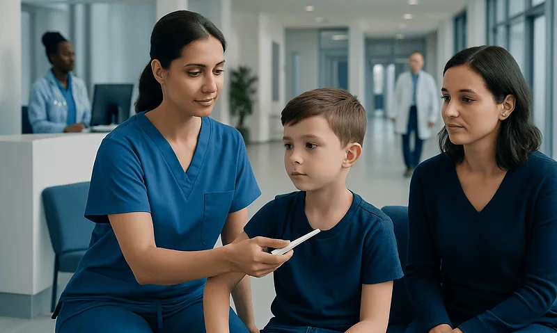 Medical professional measuring child's temperature in hospital setting.