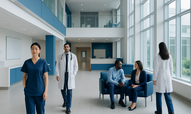 Modern hospital lobby with medical staff and patients in a bright, spacious setting.