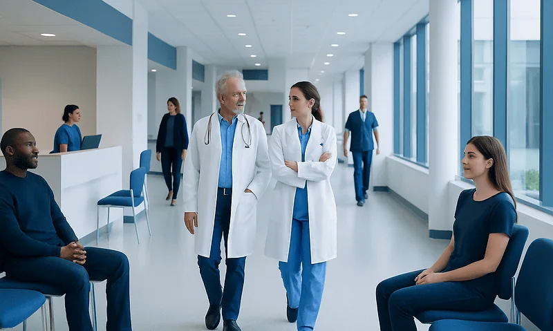 Medical professionals consulting in a hospital corridor with patients.