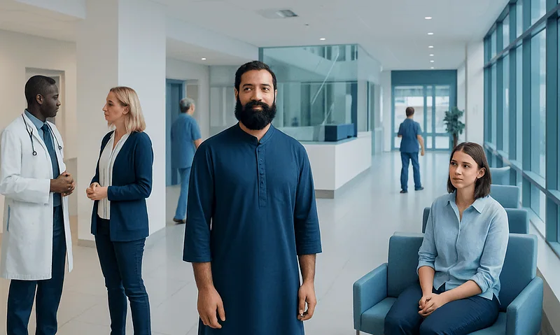 Diverse medical team and patients in a modern hospital corridor.