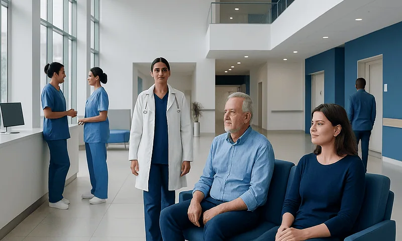 Hospital waiting area with medical staff and patients at Acibadem Hospitals Group.