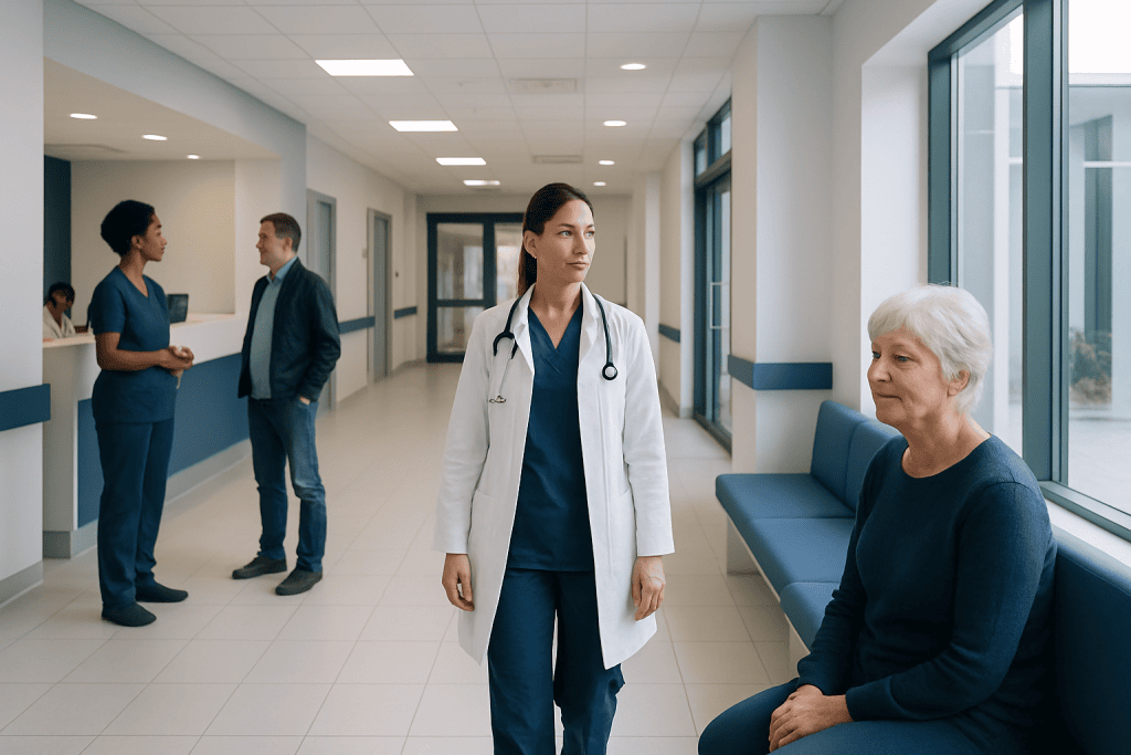 B Cell Lymphoma: Diagnosis, Outlook, and Modern Treatment Approaches 1 Healthcare professionals and patient in a hospital corridor at Acibadem Hospitals Group.