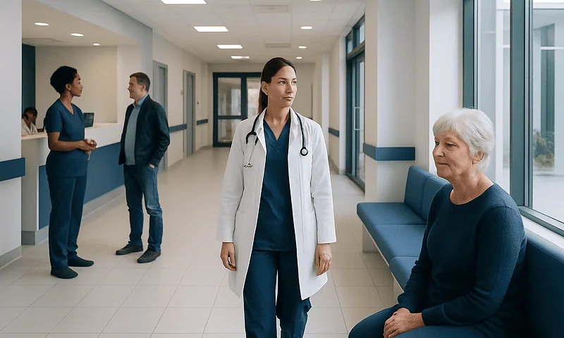 Healthcare professionals and patient in a hospital corridor at Acibadem Hospitals Group.