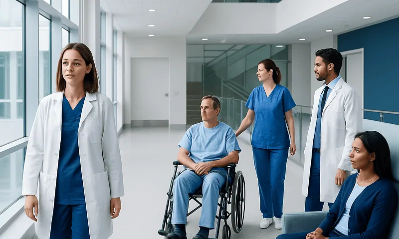 Medical team with patient in wheelchair in hospital corridor.