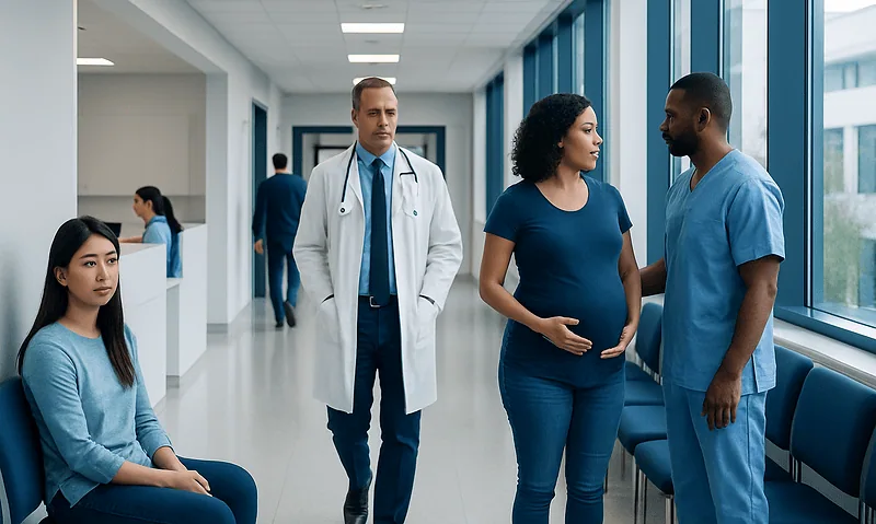 Medical consultation in a hospital corridor with pregnant woman and healthcare professionals.