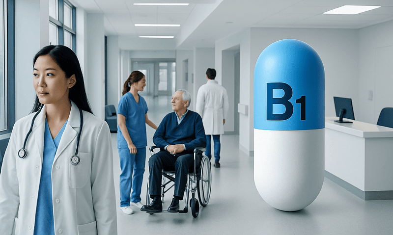 Medical staff and a patient in a hospital corridor with a B1 vitamin pill model.