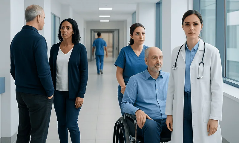 Medical team discussing patient care in hospital corridor.