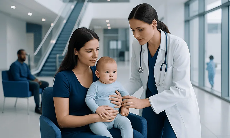 Pediatrician examining a baby with mother in hospital lobby.