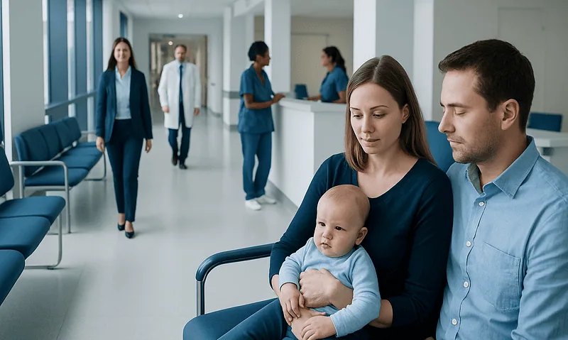 Family at hospital waiting area with medical staff in background.
