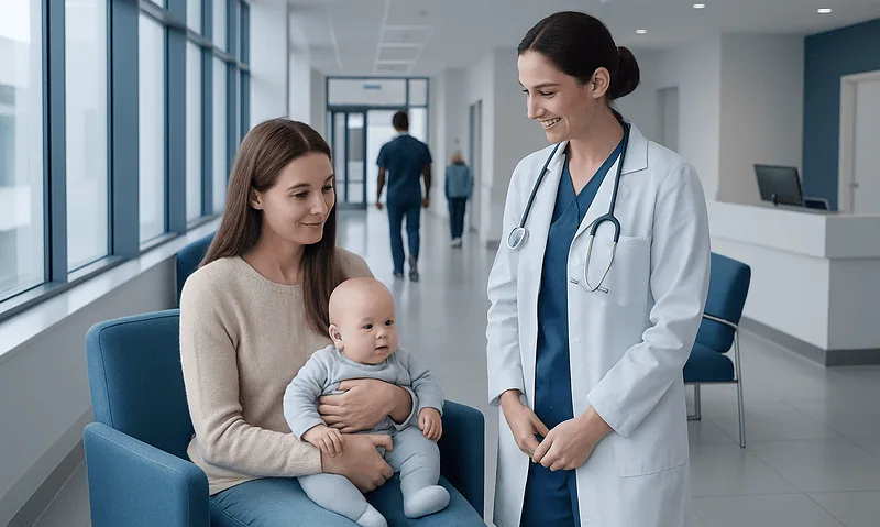 Doctor talking to mother and baby in hospital corridor.