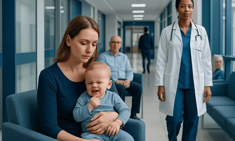 Child crying in hospital waiting area with mother and medical staff present.