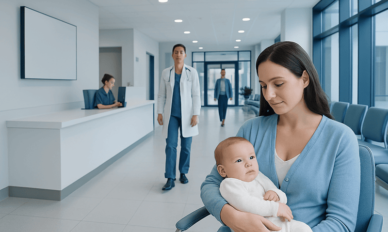 Mother holding baby in hospital corridor with medical staff in background.