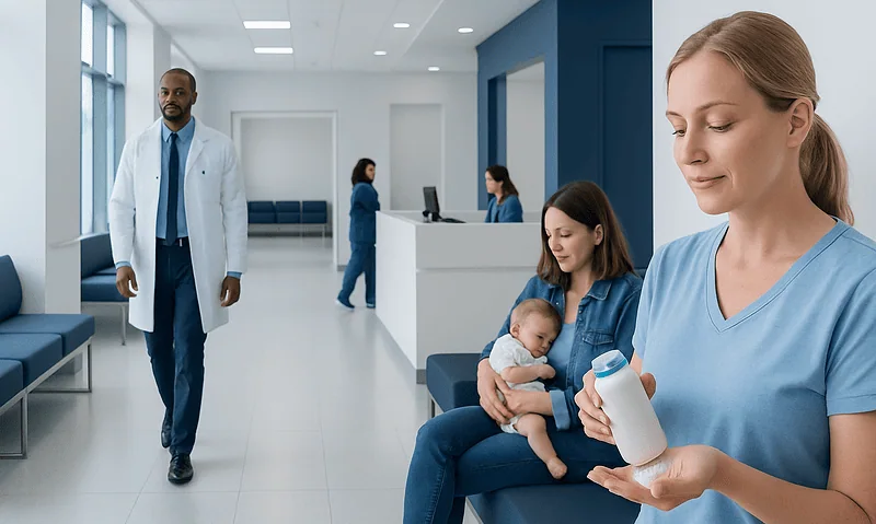 Healthcare professionals and patients in a modern hospital waiting area.
