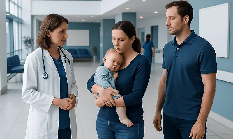 Mother with baby consulting a doctor in hospital corridor.