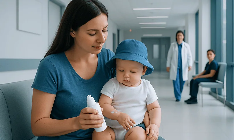 Pediatrician applying sunscreen to a young child's arm in a hospital corridor.